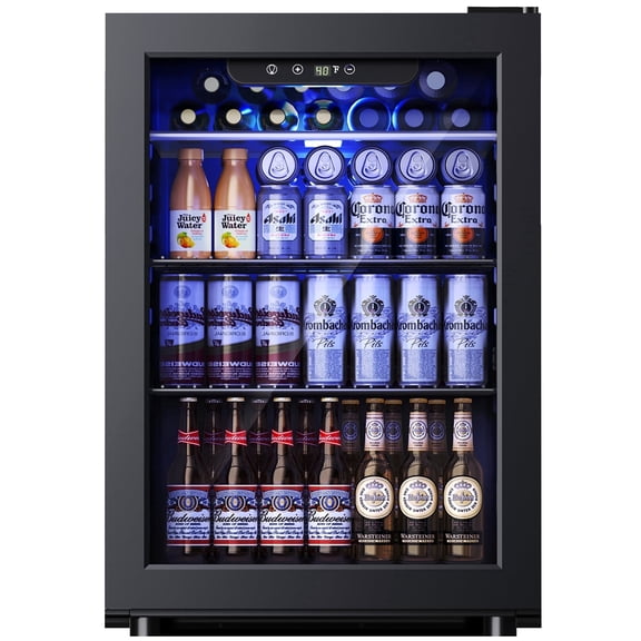 Simzlife 100 Can Beverage Refrigerator and Cooler with Glass Door for Home, 18.8 in D, 25 in H, Black