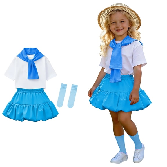 Cheerleader Outfit for Girls Stage Show Kindergarten Graduation Short Sleeve T-Shirt and Elastic Skirt Graduation Photography Outfit Party Dress up 3T