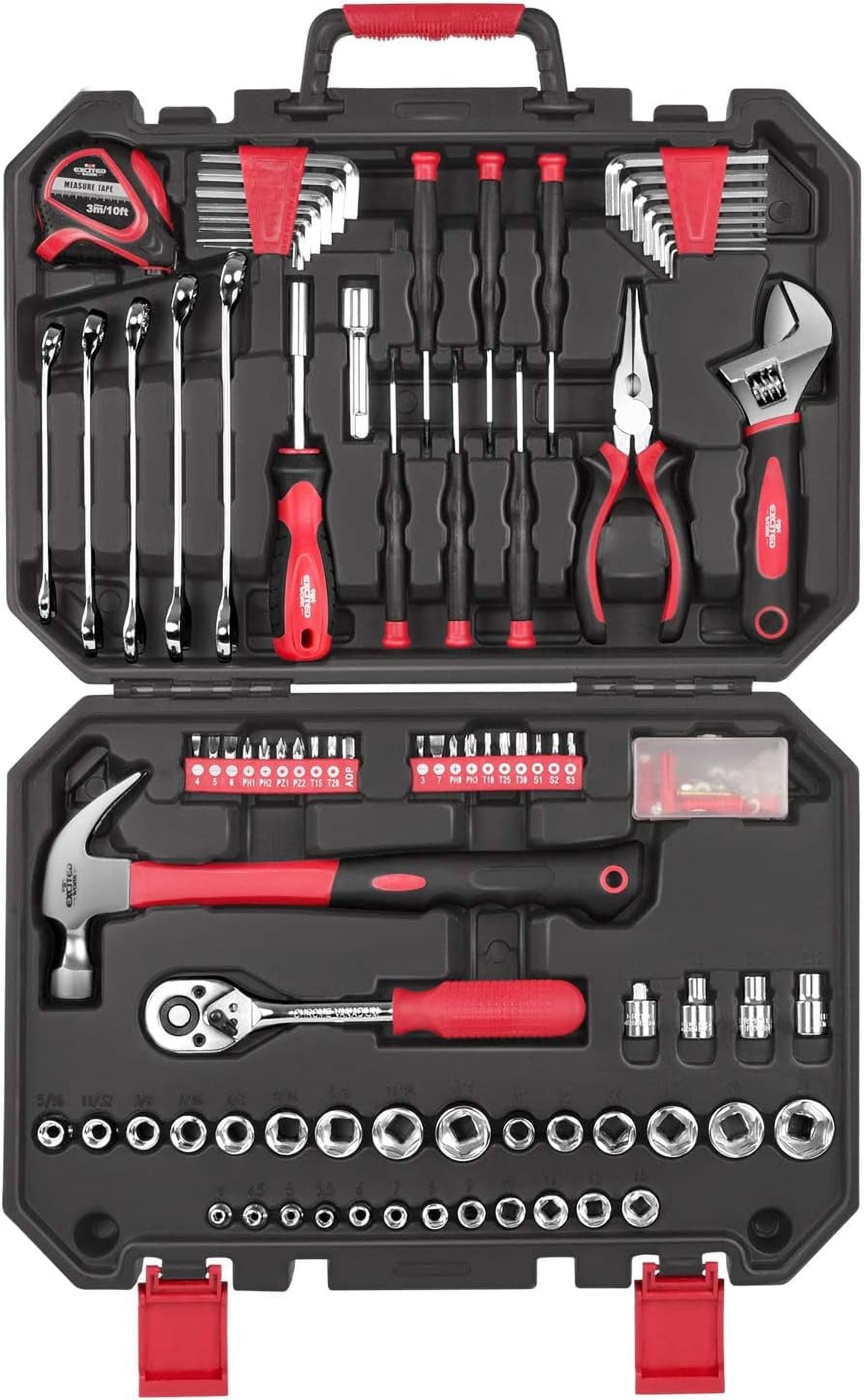 EXCITED WORK 128 Piece Tool Set-General Household Hand Tool Kit, Auto Repair Tool Set, with Plastic Toolbox Storage Case for Men and Women