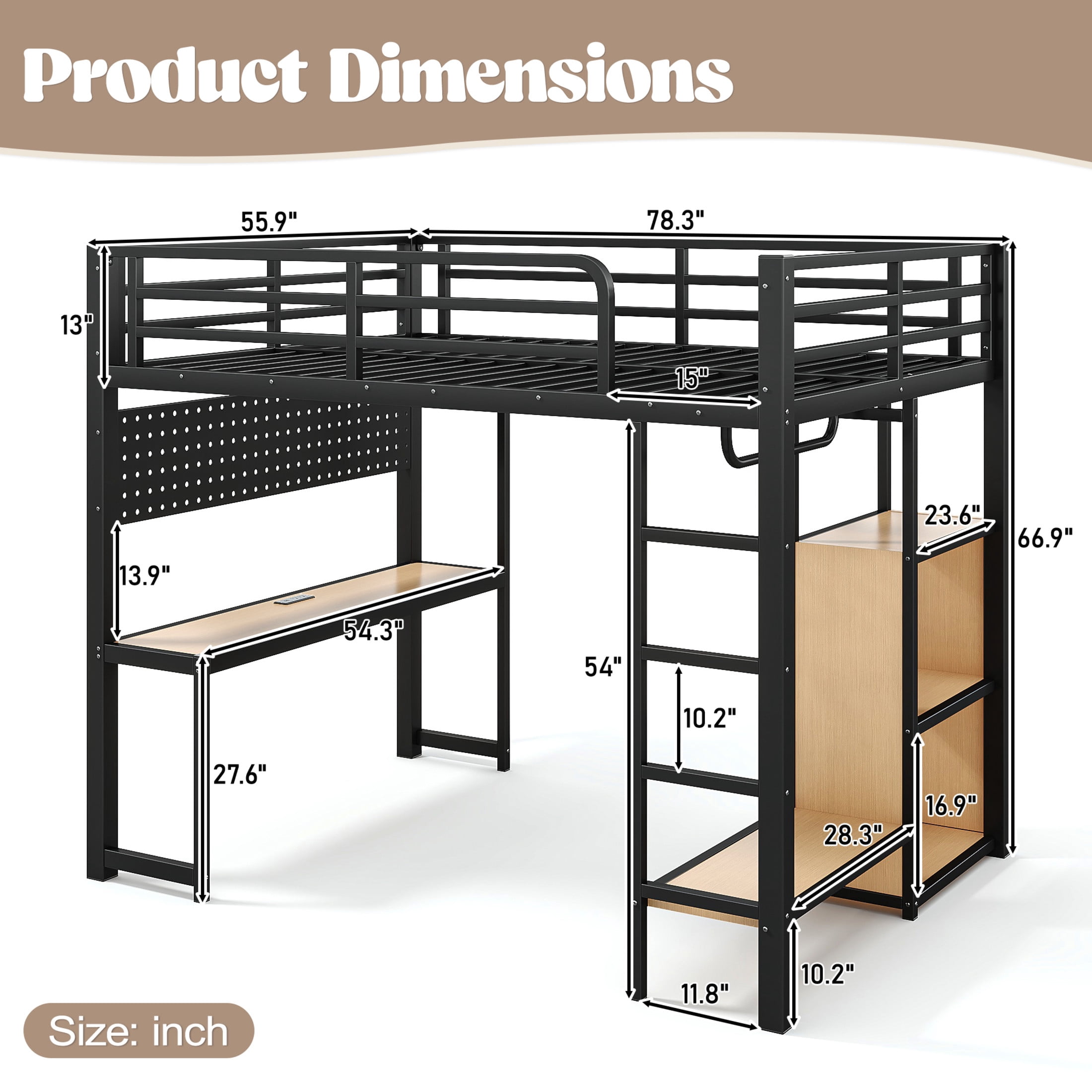 Noble House Full Loft Bed with Desk, Storage Shelves, USB Ports and Lights, Black