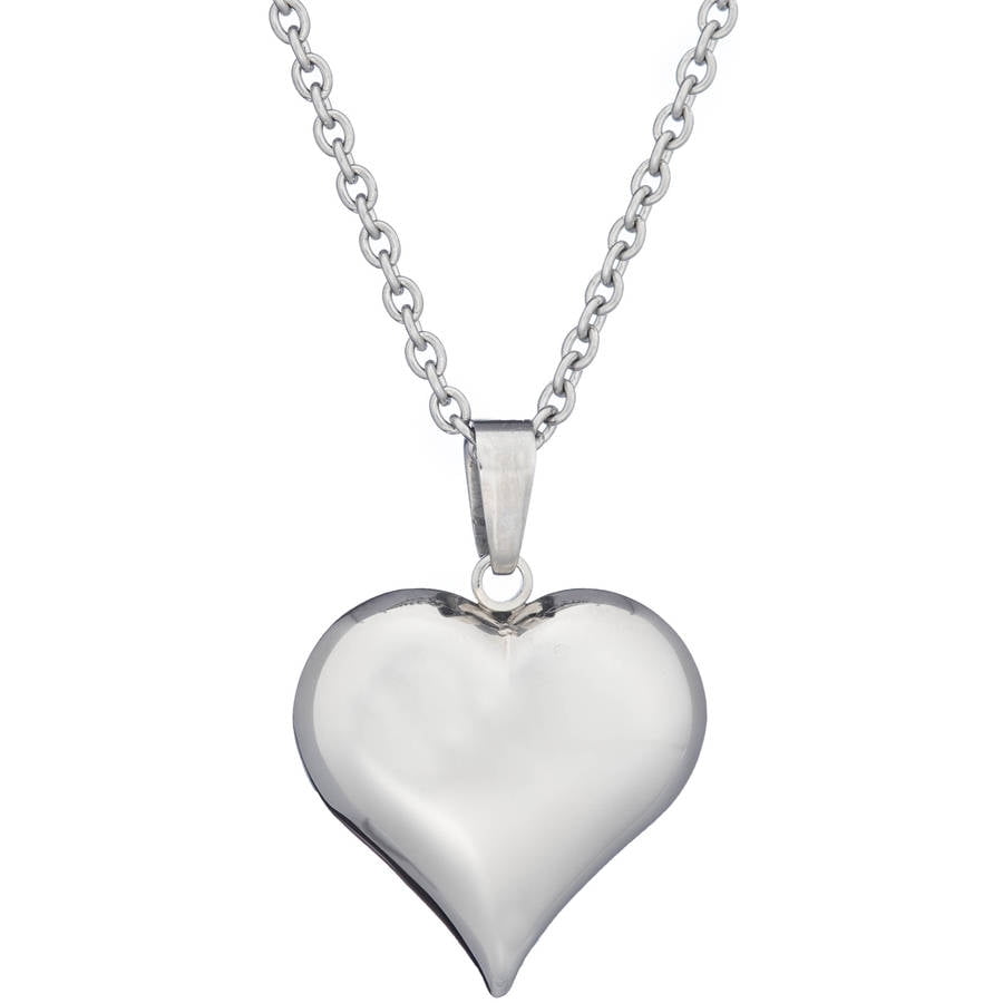 Stainless Steel Engravable Believe Puffed Heart Pendant on 18" Chain 