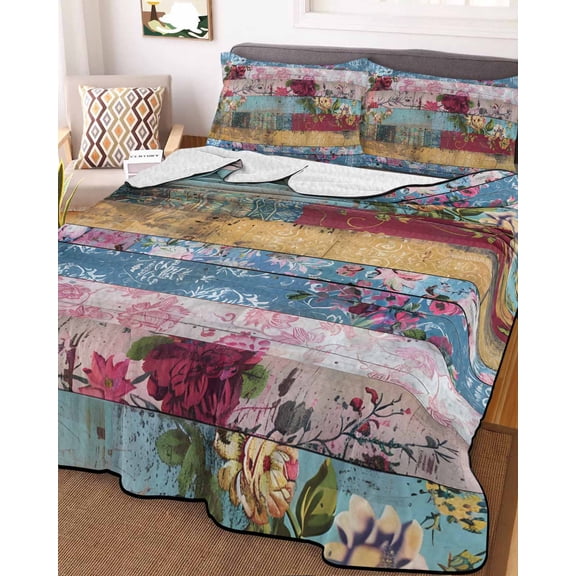 Vintage Floral King Size Down Alternative Comforter, Lightweight Comforter Quilt Bedding Set with Pillow Shams Farmhouse Botanical Flowers All Seasons Bed Comforter Duvet Insert 96"x106"