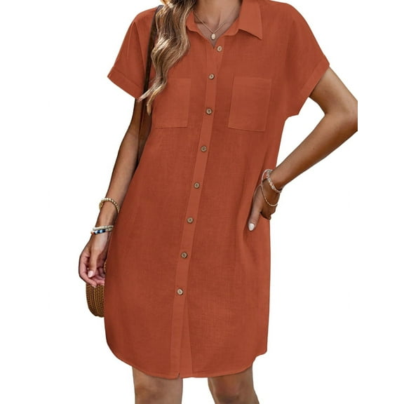 Women'S Summer Cotton and Linen V-Neck Button Casual Short Sleeve Loose Waist Shirt Dress Orange Red M