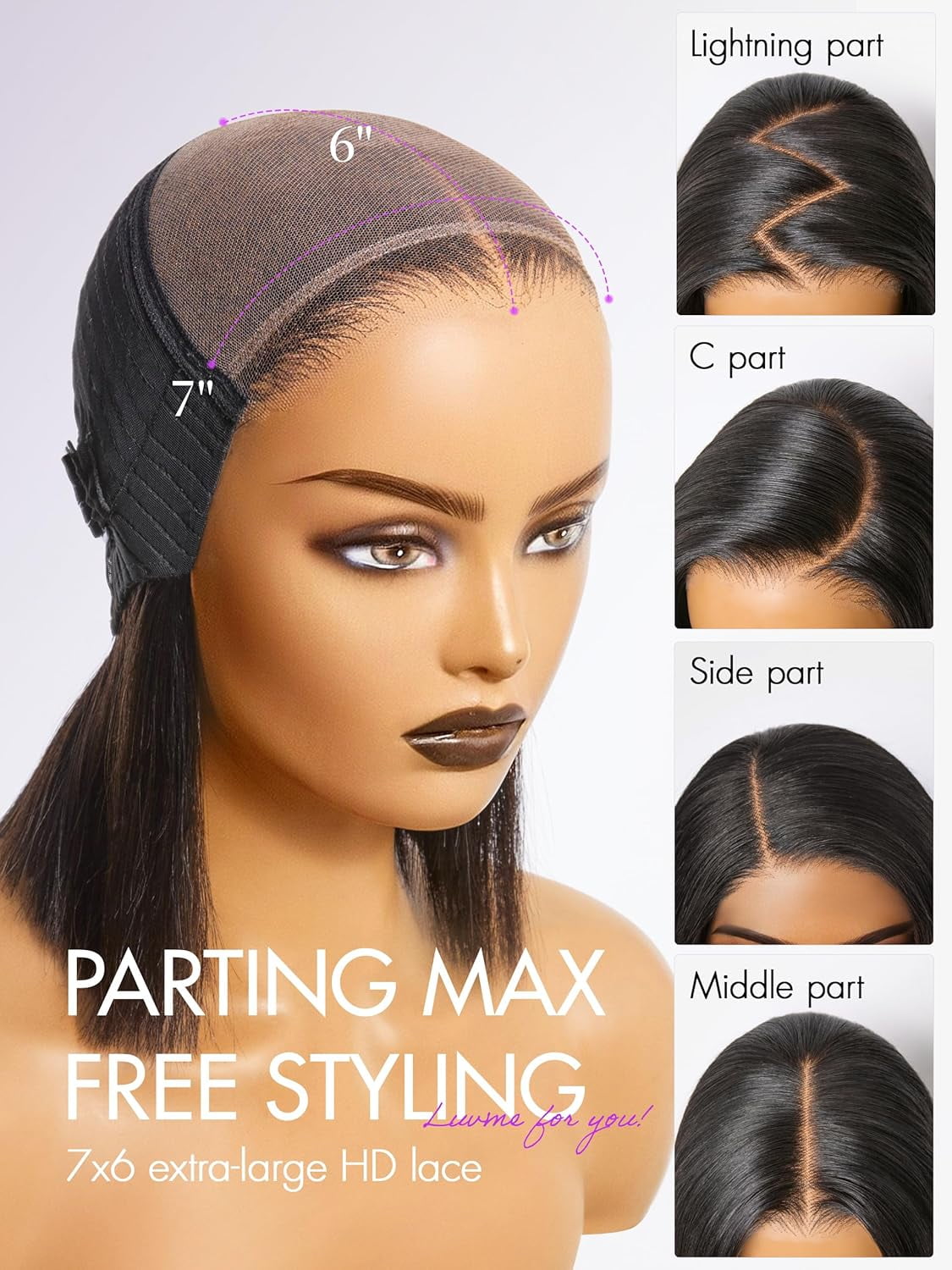 LUVME 7x6 PartingMax HD Lace Front Bob Wigs 10" Human Hair Pre Cut Plucked Glueless Natural Black Color