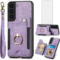 Phone Case for Samsung Galaxy S22 Plus S22 5G Wallet Cover with Screen Protector and Wrist Strap Lanyard RFID Credit Card Holder Ring Stand Cell Accessories S22 5G S22plus 22S S 22 22 Women Purple