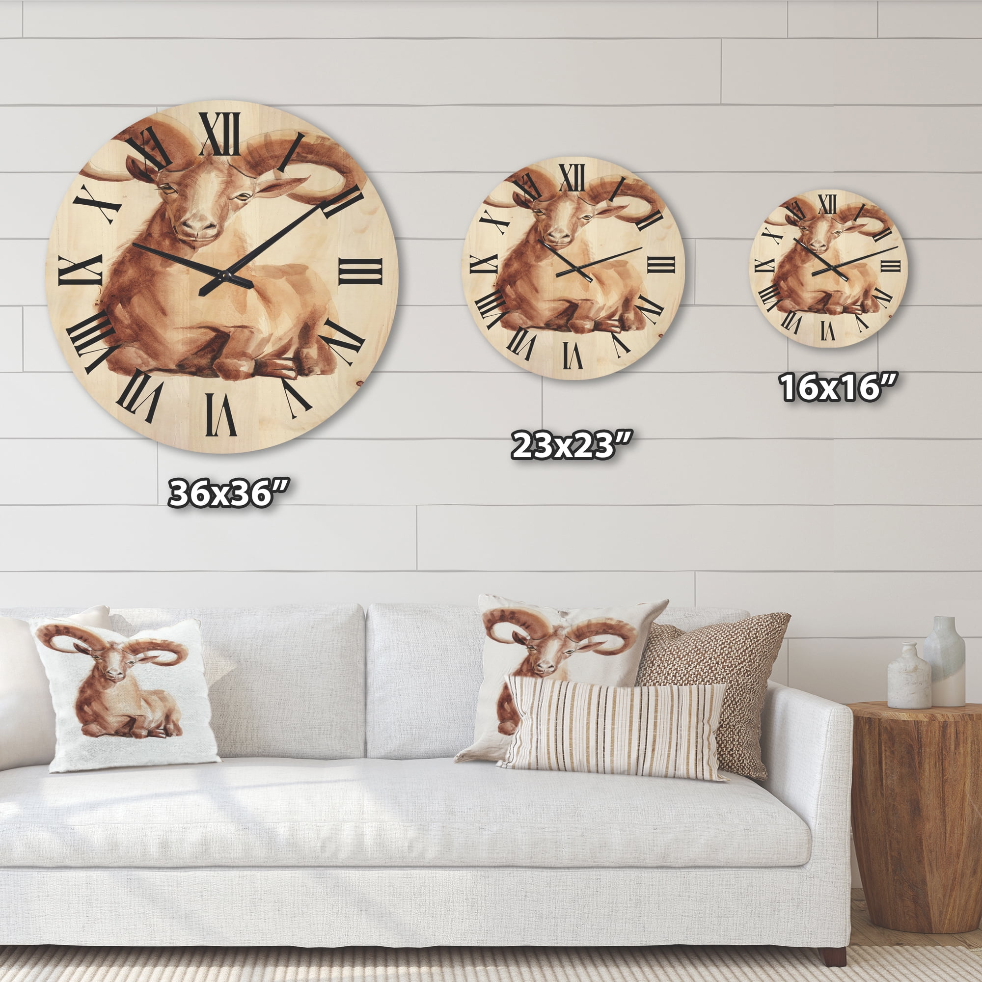 Designart 'Abstract Portrait of Wild Ram With Mighty Horns II' Farmhouse Wood Wall Clock