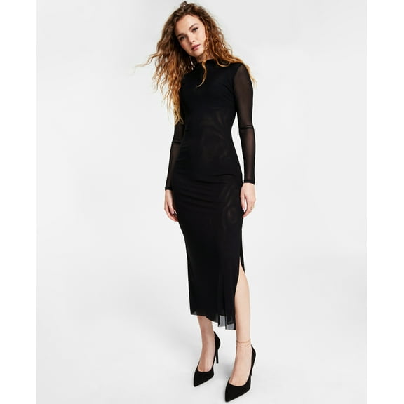 Women's Mock-Neck Side-Slit Mesh Midi Dress Deep Black L