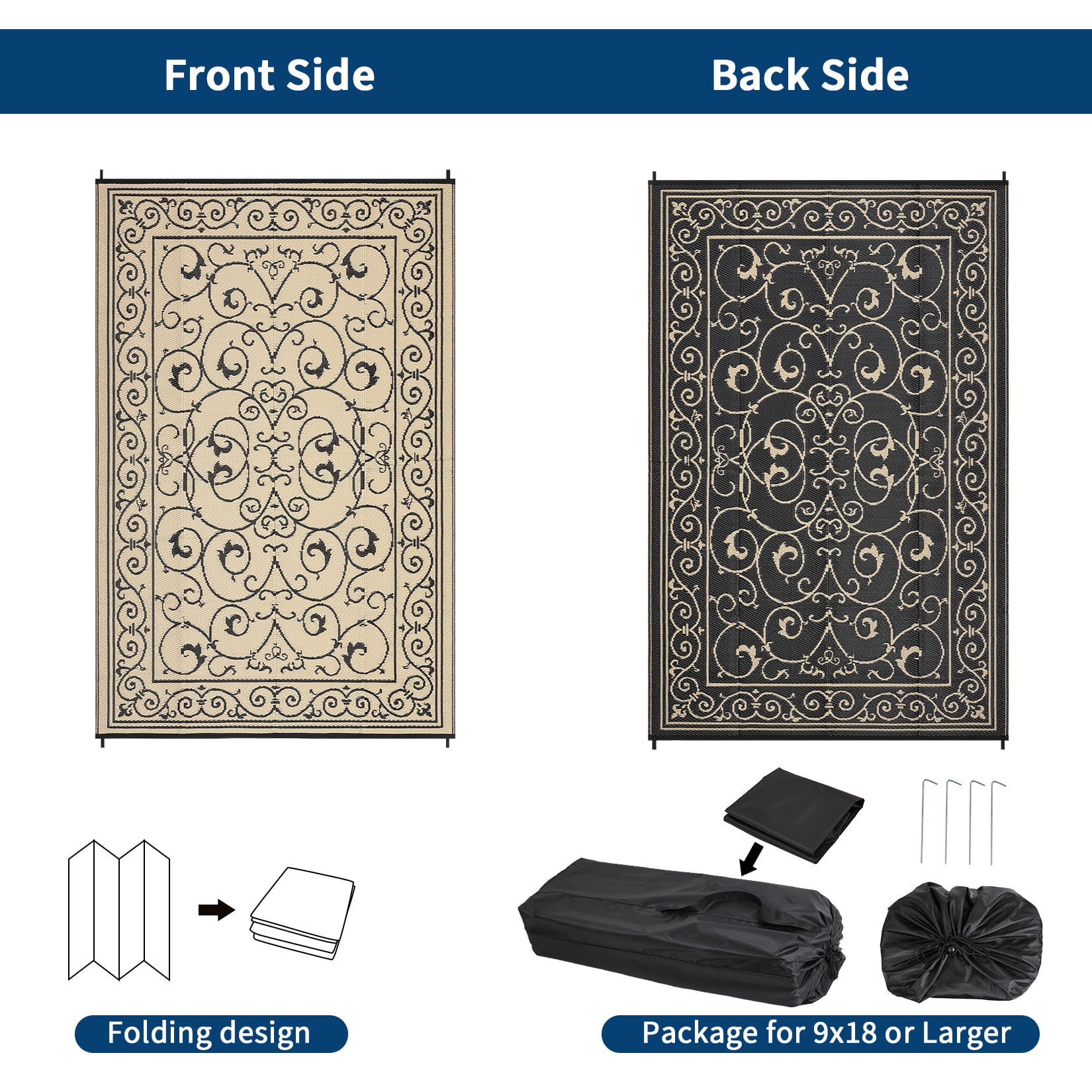 Nanan 9x18 Outdoor Rug, Waterproof UV Protected Fade Resistant Reversible Plastic Straw Patio Mat for RV, Camping, Deck, Yard, Garden, Balcony, Poolside, Black Brown