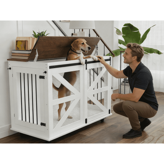 47.2" Mobile Dog Crate with Flip-Top Feeding Door, Dual-Access & 5 Caster System (2 Locking), Side Hooks - Multi-Functional Pet Kennel,double dog crate furniture