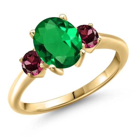 Gem Stone King 10K Yellow Gold Green Nano Emerald and Red Rhodolite Garnet Engagement Ring for Women | 2.24 Cttw | Oval 9X7MM | Gemstone May Birthstone | Size 6