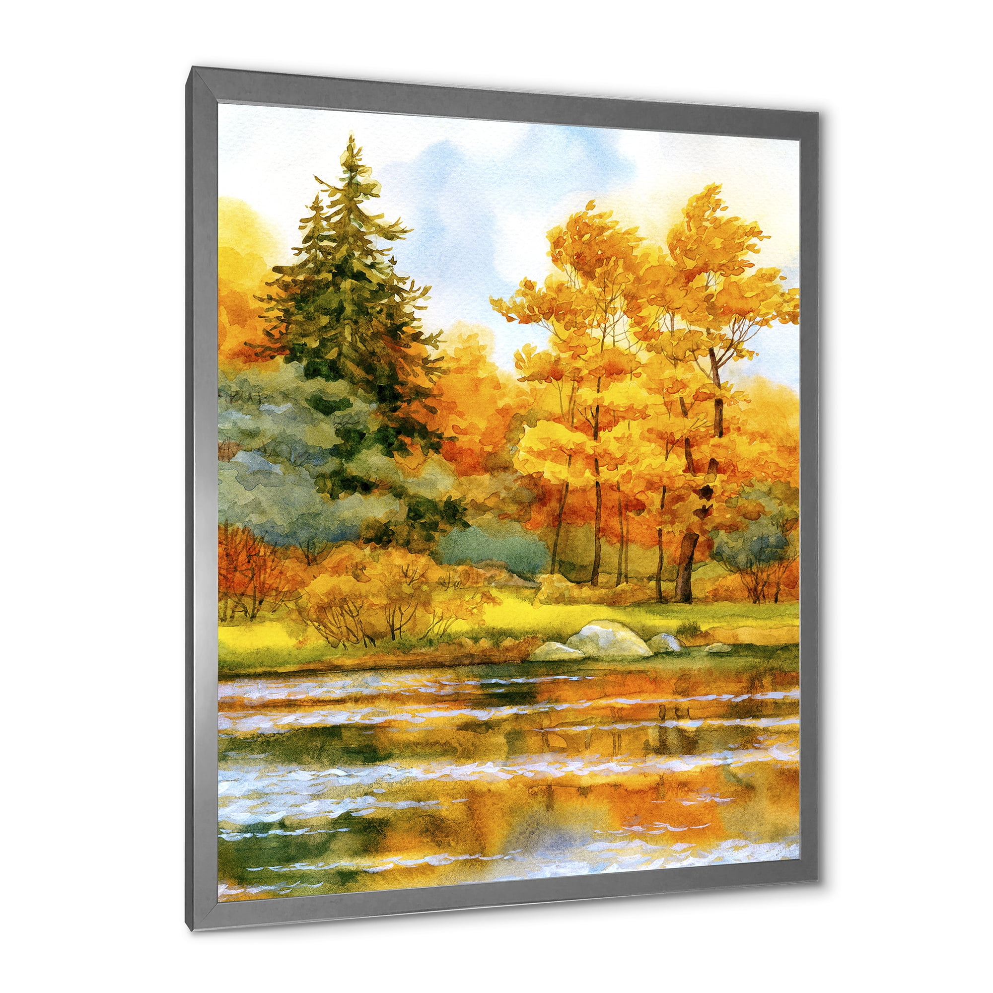 Designart 'Autumn Forest By The Lake Side II' Lake House Framed Art Print