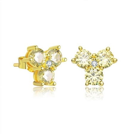 Prong Set Stud Earrings with Artificial Three-Round Cut Canary Diamonds by Diamond Essence set in Vermeil