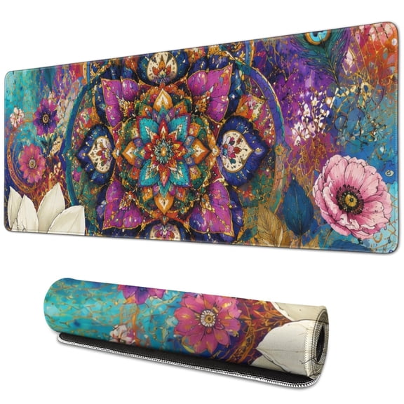 Large Boho Art XL Mouse Pad, Extra Large Polyester Keyboard Desk Mat with Stitched Edges and Non-Slip Rubber Base for Computer, Gaming, Work, Home Office, 31.5 x 11.8 in