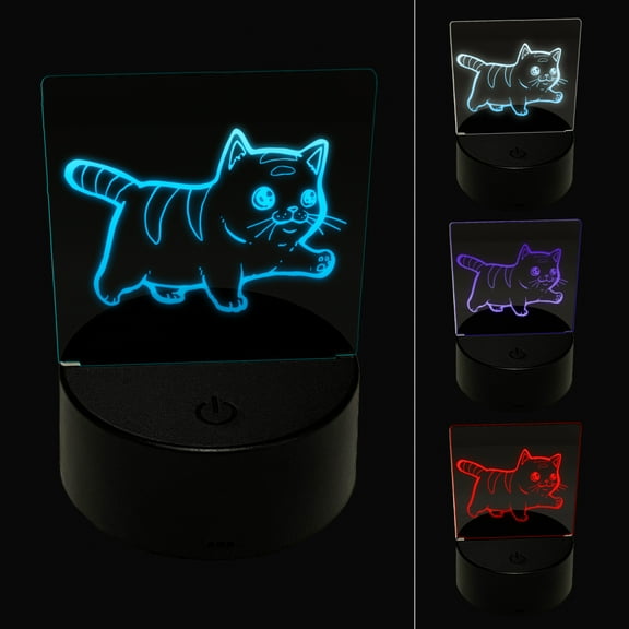 Cute Chubby Munchkin Cat Walking with Conviction LED Night Light Sign 3D Illusion Desk Nightstand Lamp