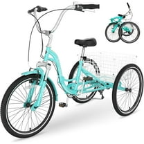MOPHOTO Adult Folding Tricycles,7 Speed Folding Adult Trikes,26 Inch Cyan 3 Wheel Bikes with Low Step-Through,Foldable Tricycle for Adults,Women,Men,Seniors