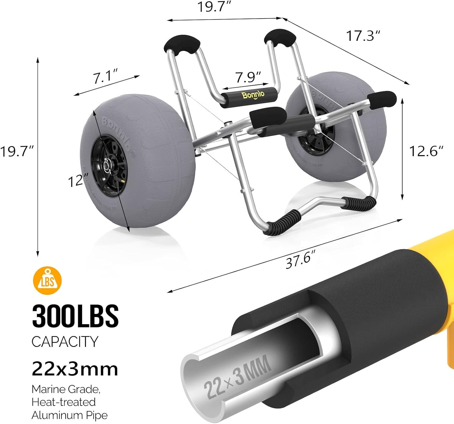 Bonnlo Kayak Beach Cart with Balloon Wheels Canoe Dolly Foldable Paddle Board Boat Cart CarrierTrolley Transport with 12" Big Balloon Wheels, Free Pump, 2 Ratchet Straps- Perfect for Soft Sand