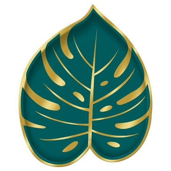 Amscan Key West Palm Leaf-Shaped Metallic Paper Plates, 7" x 9", Green, 8 Plates