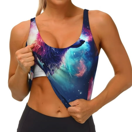 Qokaie Starry Multicolored Wolf Pattern Womens Scoop Neck Sports Bra Breathable Workout Vest Padded U Back Medium Impact Fitness Gym Yoga Bra Workout Crop Top