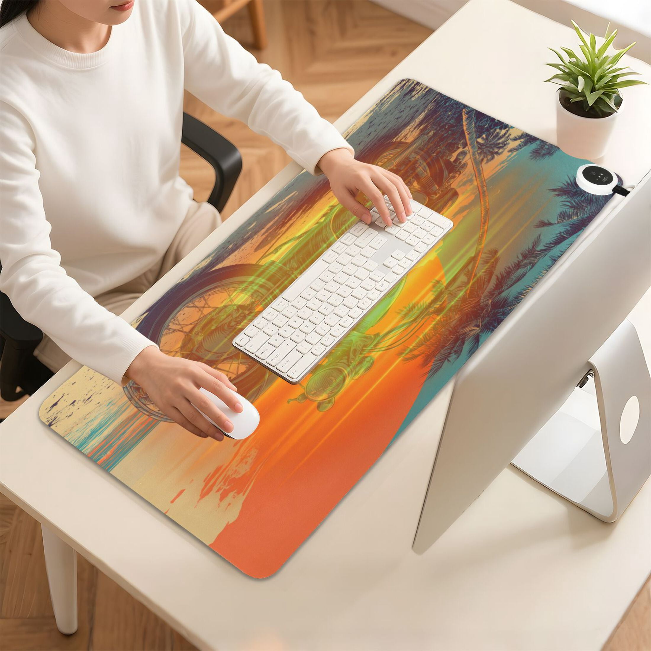 Large Heated Desk Mat Mouse Pad 31.5"x13"PU Leather Graphene Heating Desk Warmer with 3 Temperature Settings 110V US Plug Non-Slip Warm Pad for Home, Office, and Gaming Retro Bike Tropical Sunset