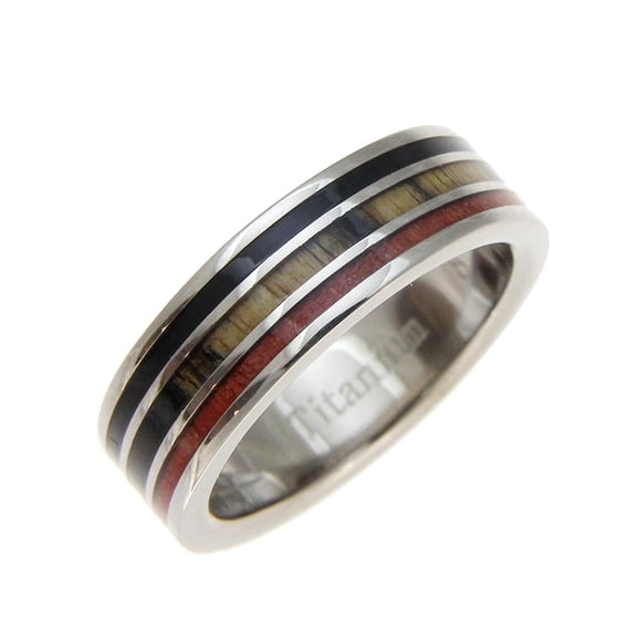 Genuine black and white ebony & cocobolo & pink ivory wood wedding band ring titanium 6mm size 8