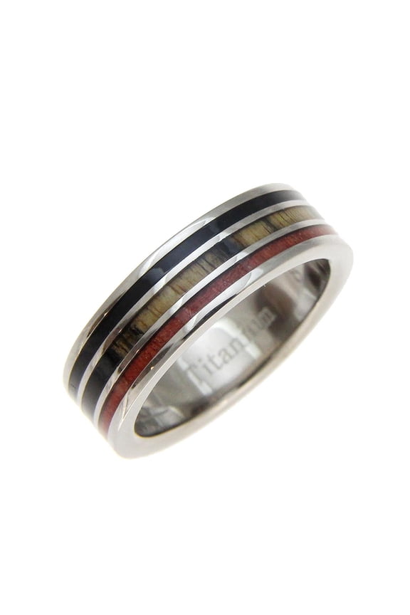 Genuine black and white ebony & cocobolo & pink ivory wood wedding band ring titanium 6mm size 6