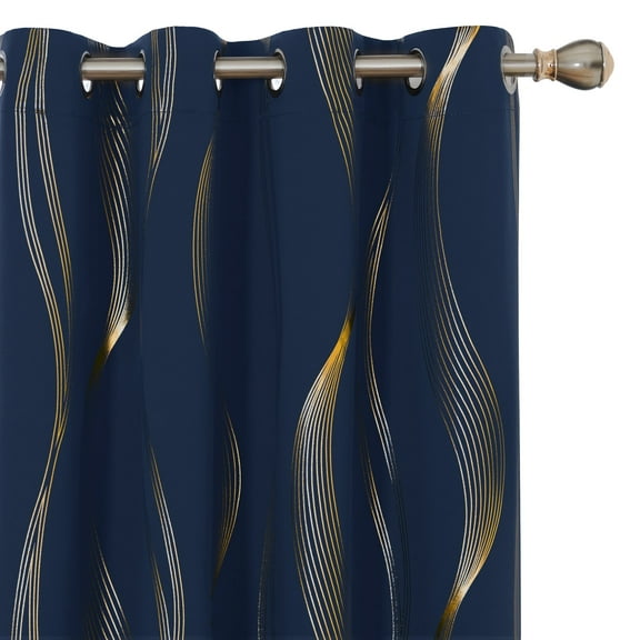 ZOPZO Blackout Curtains, Thermal Insulated, Navy Blue, 52W x 84L Inch, Room Darkening Drapes with Golden Wave Print for Bedroom Living Room