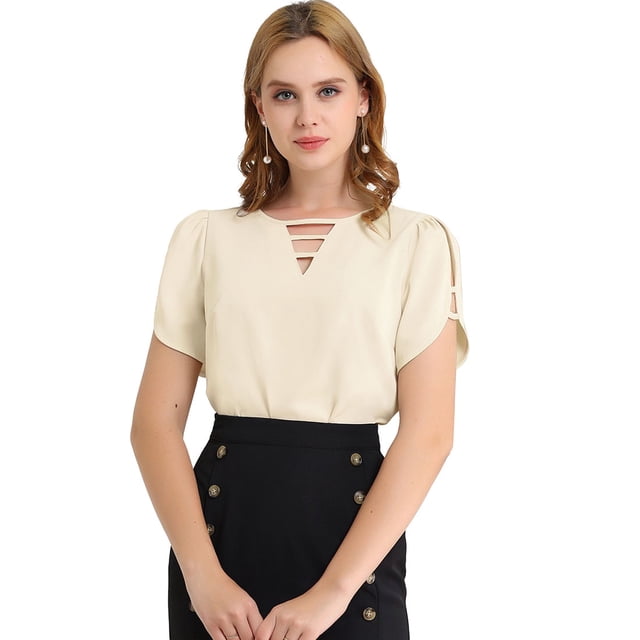 INSPIRE CHIC Camisa casual de manga corta con cuello redondo recortado para mujer Marfil S
