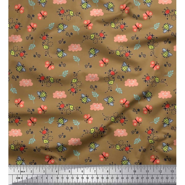 Soimoi Brown Poly Georgette Fabric Honey Bee & Bettle Bee Insects Fabric Prints by Yard 42 Inch Wide