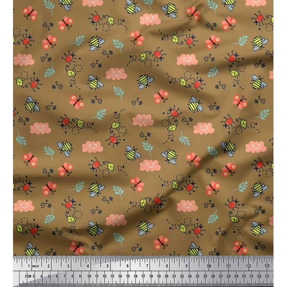 Soimoi Brown Cotton Cambric Fabric Honey Bee & Bettle Bee Insects Print Sewing Fabric BTY 56 Inch Wide