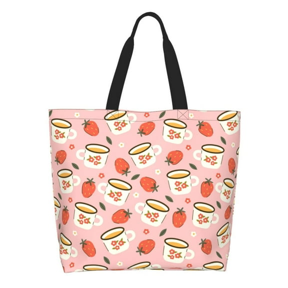 Honeii Floral Mugs And Strawberries Print Tote Bag for Women, Foldable Tote Bag Large Shoulder Bag Top Handle Handbag for Travel, Work