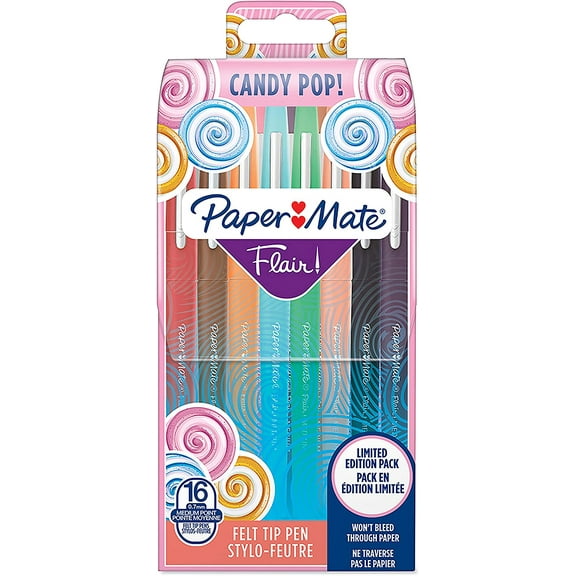 Paper Mate Flair Felt Tip Pens, Medium Point (0.7mm), Candy POP & Assorted Colours, 16 Count