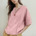thumbnail image 5 of Qcmgmg Chemises en Lin pour Femmes Manches 3/4 2025 Col en V Hauts Tunique Décontractée Bouton Vacances d'Été Blouse Rose m, 5 of 5