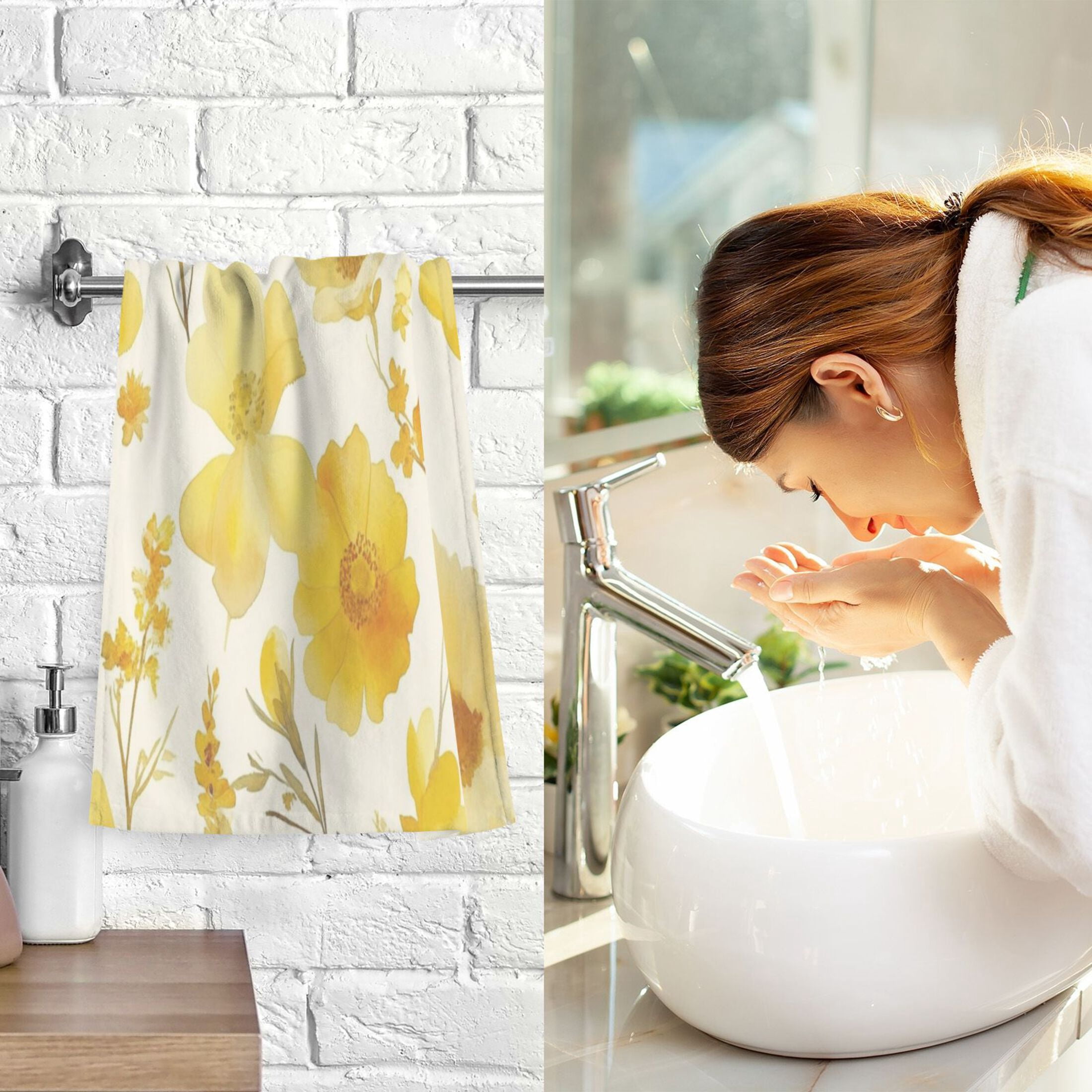 Cotton Towel Two-Piece 16x28 Inch One Sizex2 Face Towel Set Towel Set Cotton Hand Bath Towel Bathroom Beach Yellow Flowers Seamless