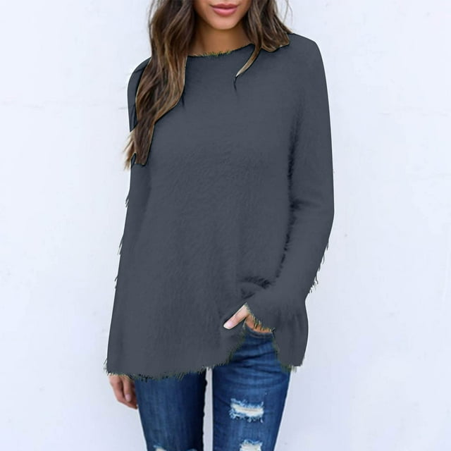 Hauts pour Femmes en Solde! Chandail en Molleton à Manches Longues Col Rond Ample Décontracté Confortable Tunique Ourlet Haut-Bas Gris P