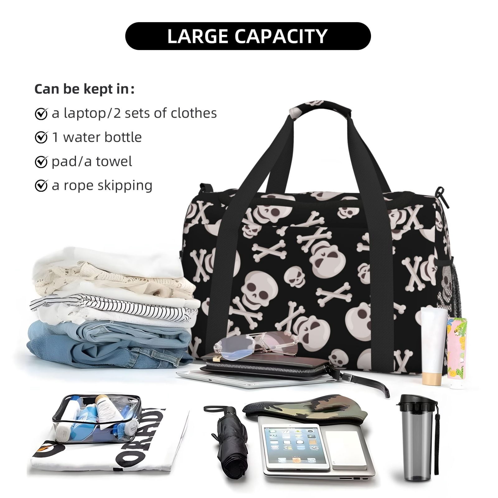 Horeoi black white Skull bone for Travel Duffle Bag with Adjustable Strap - Large Capacity Hand Carry for Gym Sports Outdoor