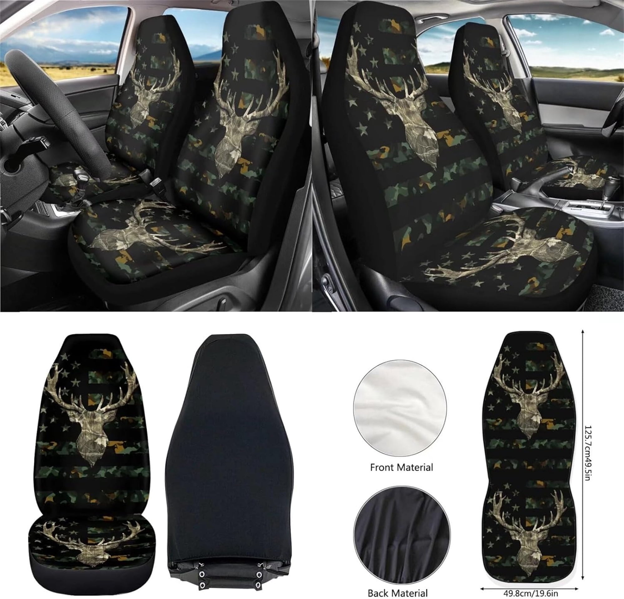 Jeiento Deer 12 Pcs Front Car Seat Cover Set with Bucket Seat Cover Steering Wheel Cover Seat Belt Pad Armrest Cover Coaster Trash Bag Air Vent Bag Rearview Mirror Cover Keychain American Flag Camo