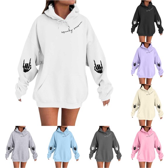 TIANZEN Women's Halloween Hoodie Pullover Sweatshirt With Cute Pumpkin Print Skeleton Hands Cozy Fall Casual Fashion Winter Hoodie Women