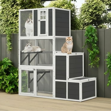 Pefilos 71" 3-Tier Wood Outdoor Cat Cage with 4 Platforms, 2 Doors, Cat Enclosure for 1-3 Cats Large, Cat House Shelter for Indoor, Gray