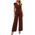 thumbnail image 3 of VBVC Women's Wrap V-Neck 2 Piece Pants Set, Ladies' Tie Waist Top and Wide Leg Trousers Outfit, Casual Sleeveless Workwear For Women,Coffee,S-2XL, 3 of 8