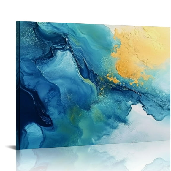 Teal and Gold Abstract Wall Decor Abstract Canvas Painting Art Marble Texture Picture Prints for Bathroom Office Home Decor Frame
