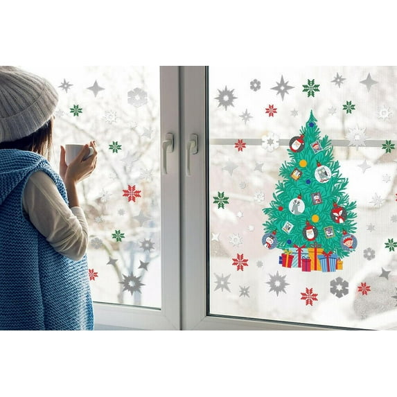 Walplus Self Adhesive Christmas Tree and Silver Snowflakes Window Home Decor Wall Decals 27.56" x 27.56"