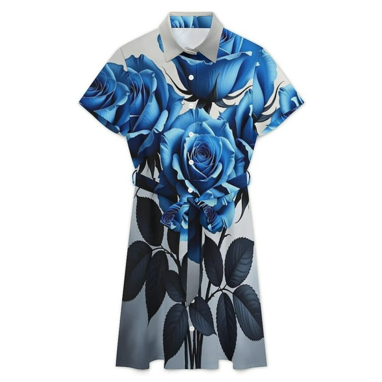 Blue Rose Womens Shirt Dresses Women'S Short Sleeve Dress Turn-Down Collar  Dress A Line Casuall Dress Oversize(XS-6XL)