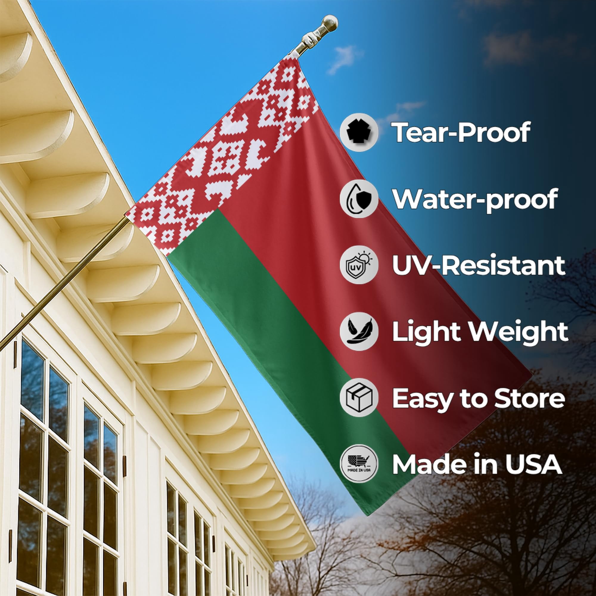 Belarus Outdoor Flag (1x1.5ft) by DreamController - Durable, Fade-Resistant Polyester, Double-Stitched, Brass Grommets - HD Printed Eastern Europe Flag - Made in USA