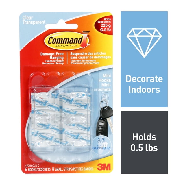 Mini-crochets Command(MC) 17006CLR-C, Transparent, Petit, 6 Crochets/8 Bandes/Paquet
