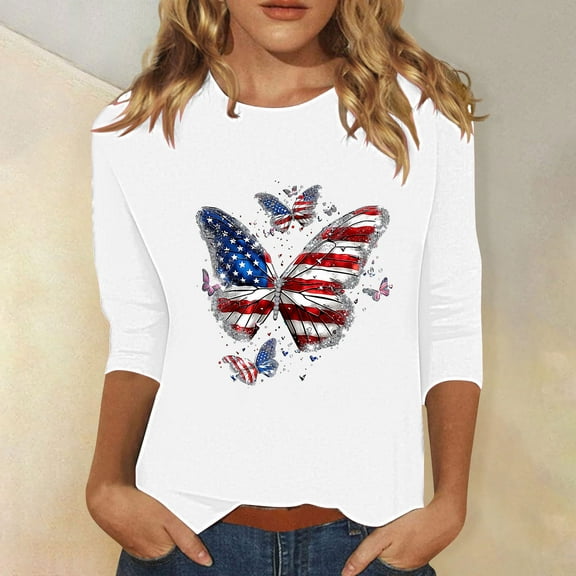 Tops for Women 3/4 Sleeve Independent Day Round Neck Loose Casual T-shirt White XXXL