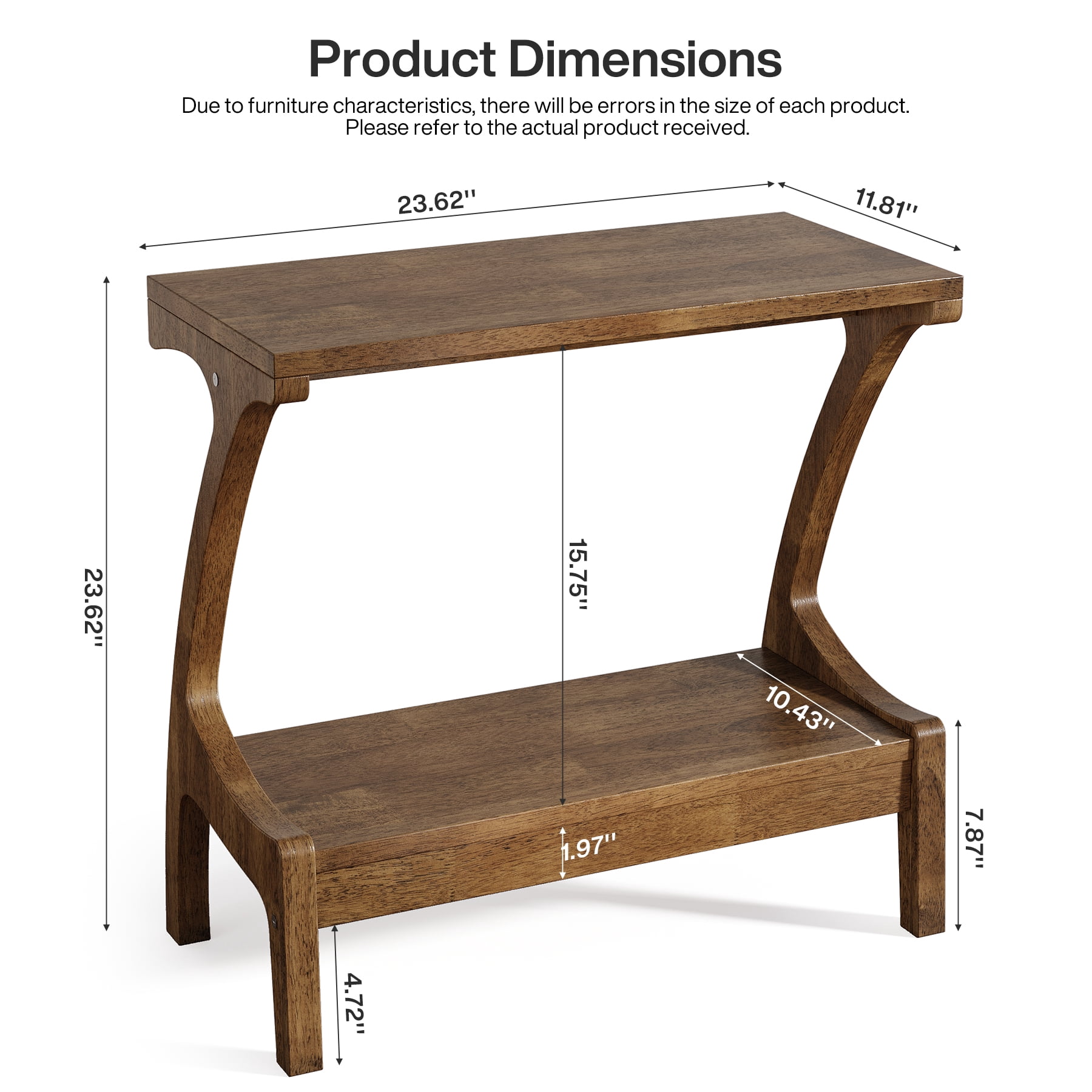 TRIBEWOOD Solid Wood End Table with 2-Tier Storage, Narrow Side Table for Sofa, Brown