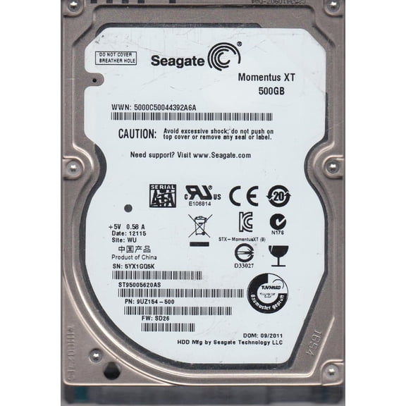 ST95005620AS, 5YX, WU, PN 9UZ154-500, FW SD26, Seagate 500GB SATA 2.5 Hard Drive