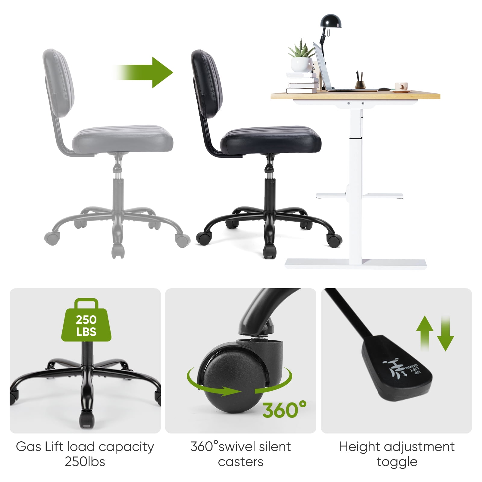 JOINSUN Indoor Home Office Chair Low Back Height Adjustment Vanity Desk Chair, Black