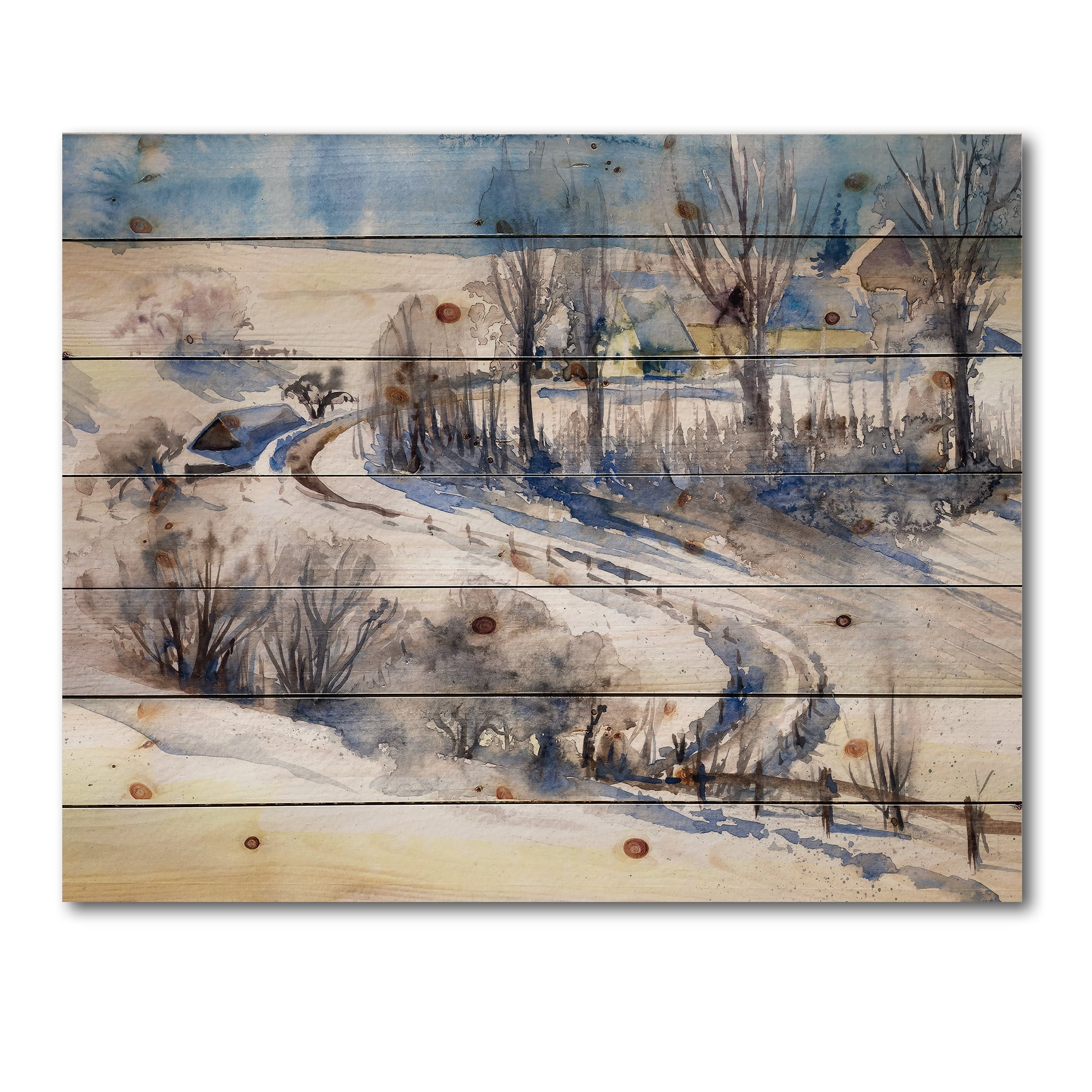 Designart 'Country Road In Winter Times Landscape I' Traditional Print on Natural Pine Wood