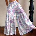 thumbnail image 2 of Floral Tiered Palazzo Pants for Women - High Waist Elastic Wide Leg Trousers, Flowy Boho Beach Bottoms for Women's Summer Vacation & Resort Wear Purple XXL, 2 of 7